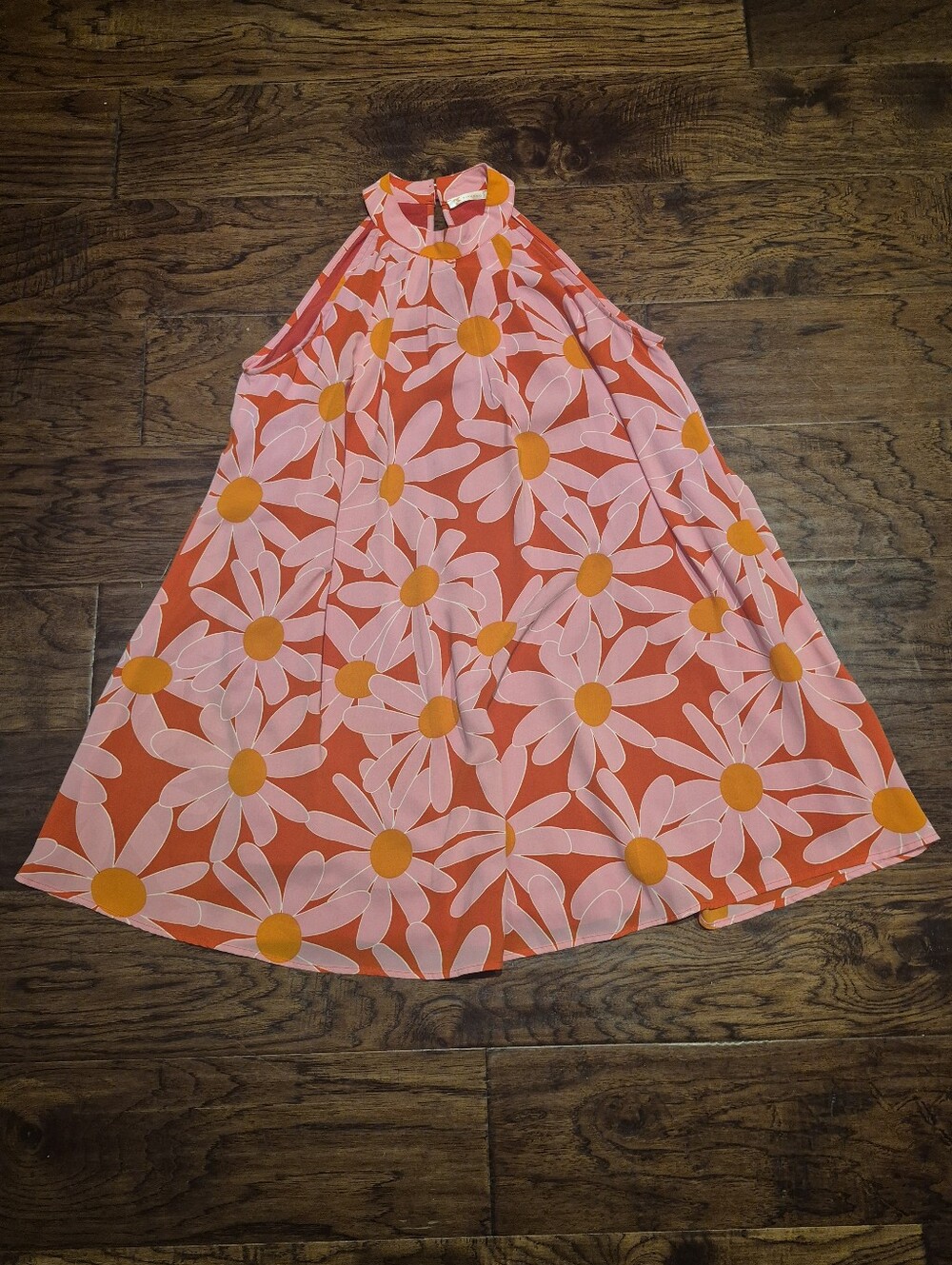 Kirundo Bright Orange BOHEMIAN Pink Floral Halter Trapeze Dress Sz L